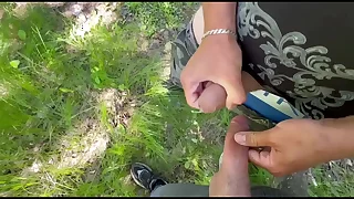 Two straight guys jerk off again other's big swollen cocks for the first time in talk about in the park&excl;